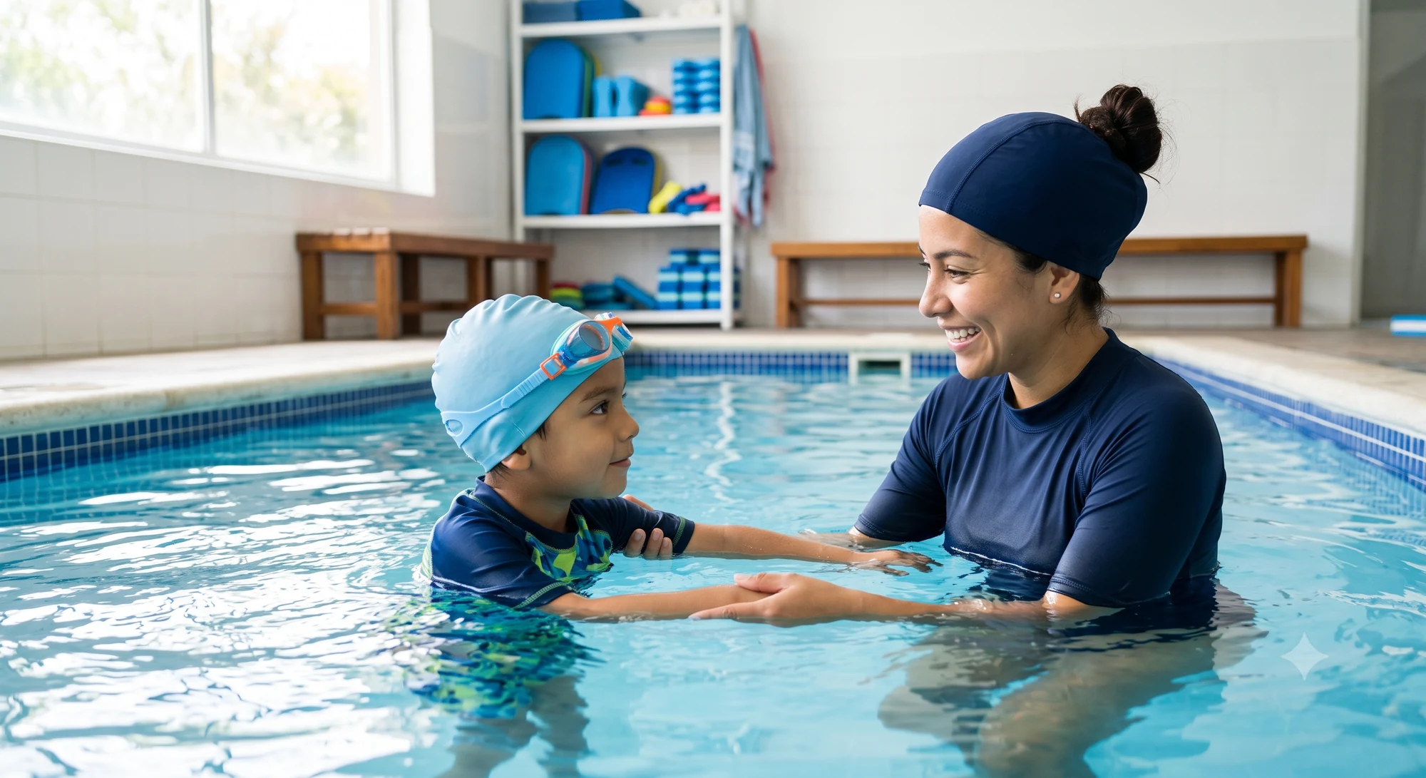 Instructora acompañando a un niño durante una clase de natación