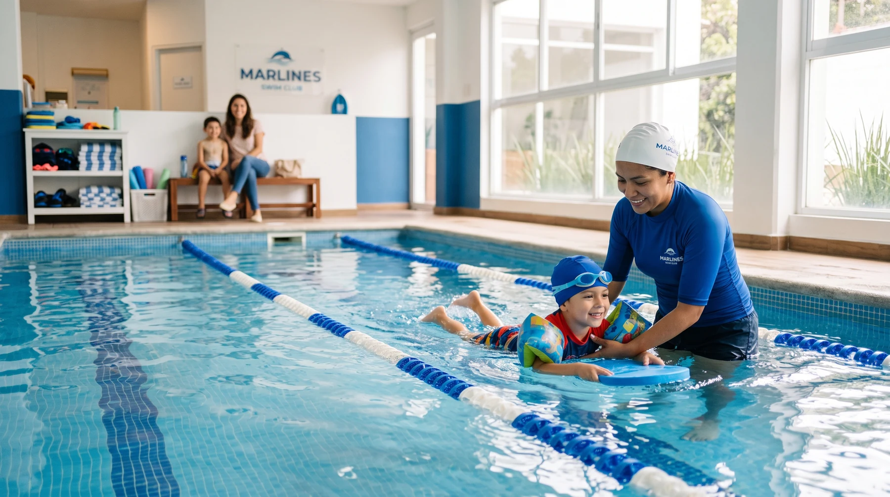 Familia observando una clase de natación en Marlines